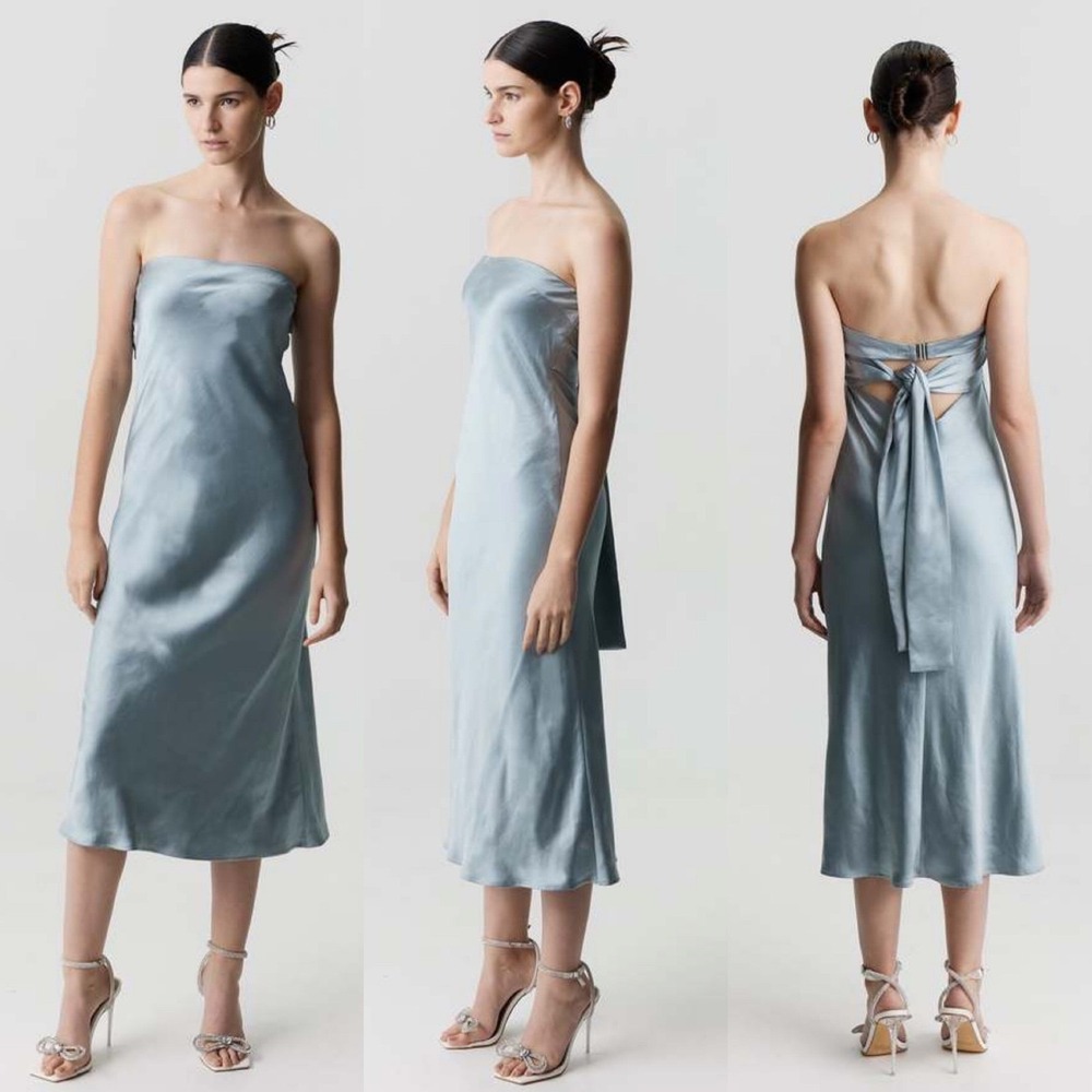 NWT Free People X Third Form‎ Satin Tie Back Strapless Midi Dress 6 Blue Wave